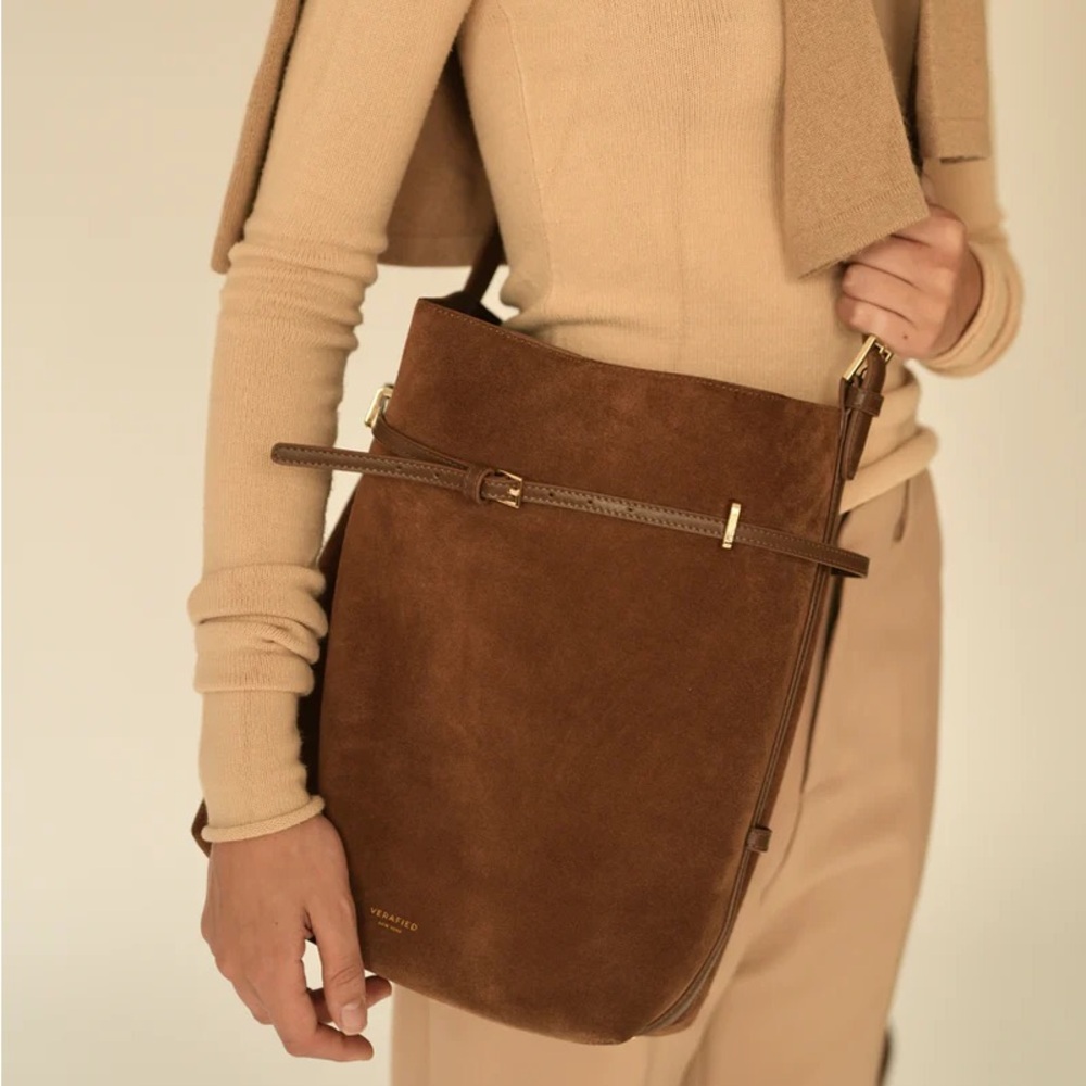 Verafied Toffee Genuine Suede Belted Tote Bag - Picture 12 of 14